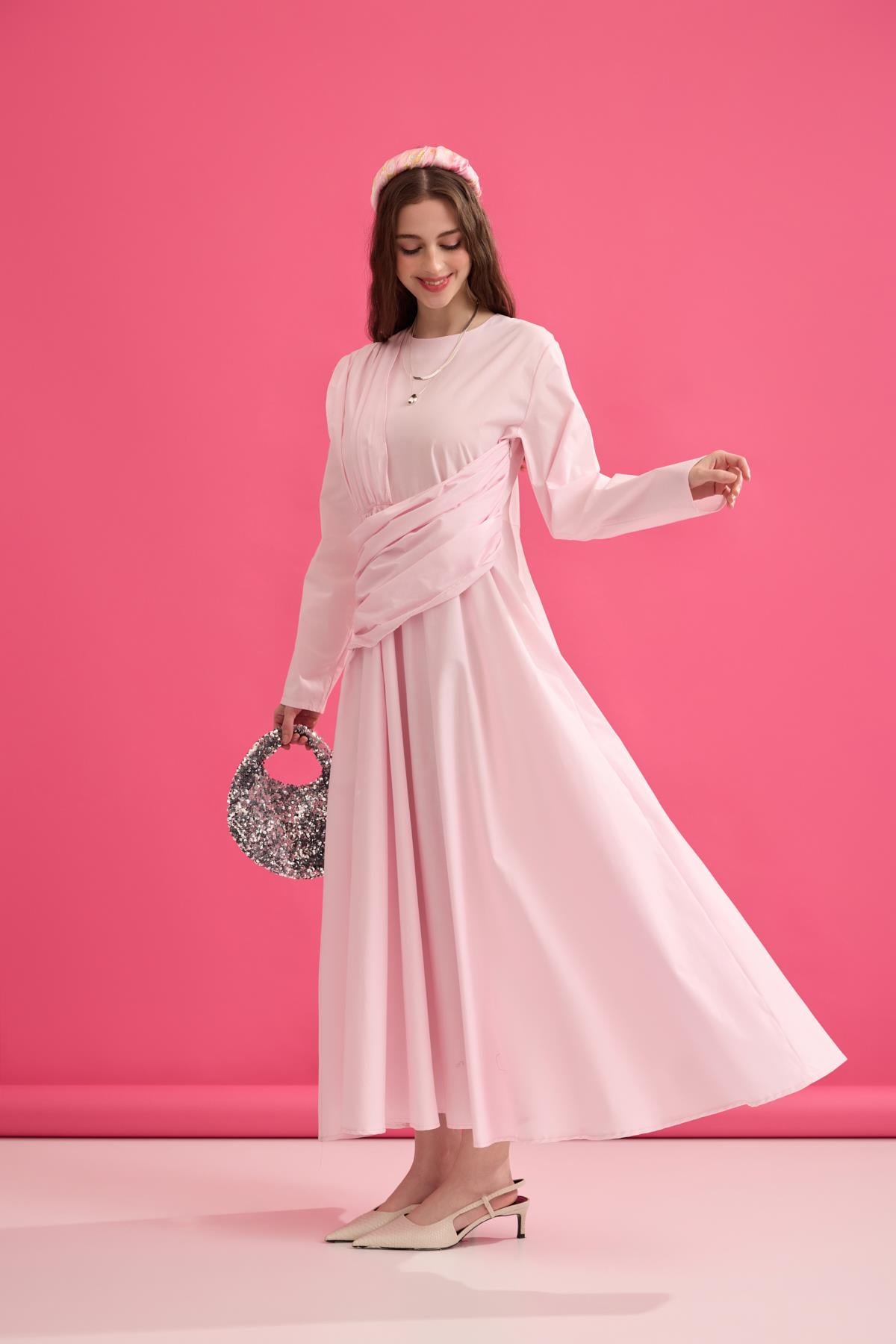 Olympia Drapeli Kuşaklı Poplin Elbise - Pembe