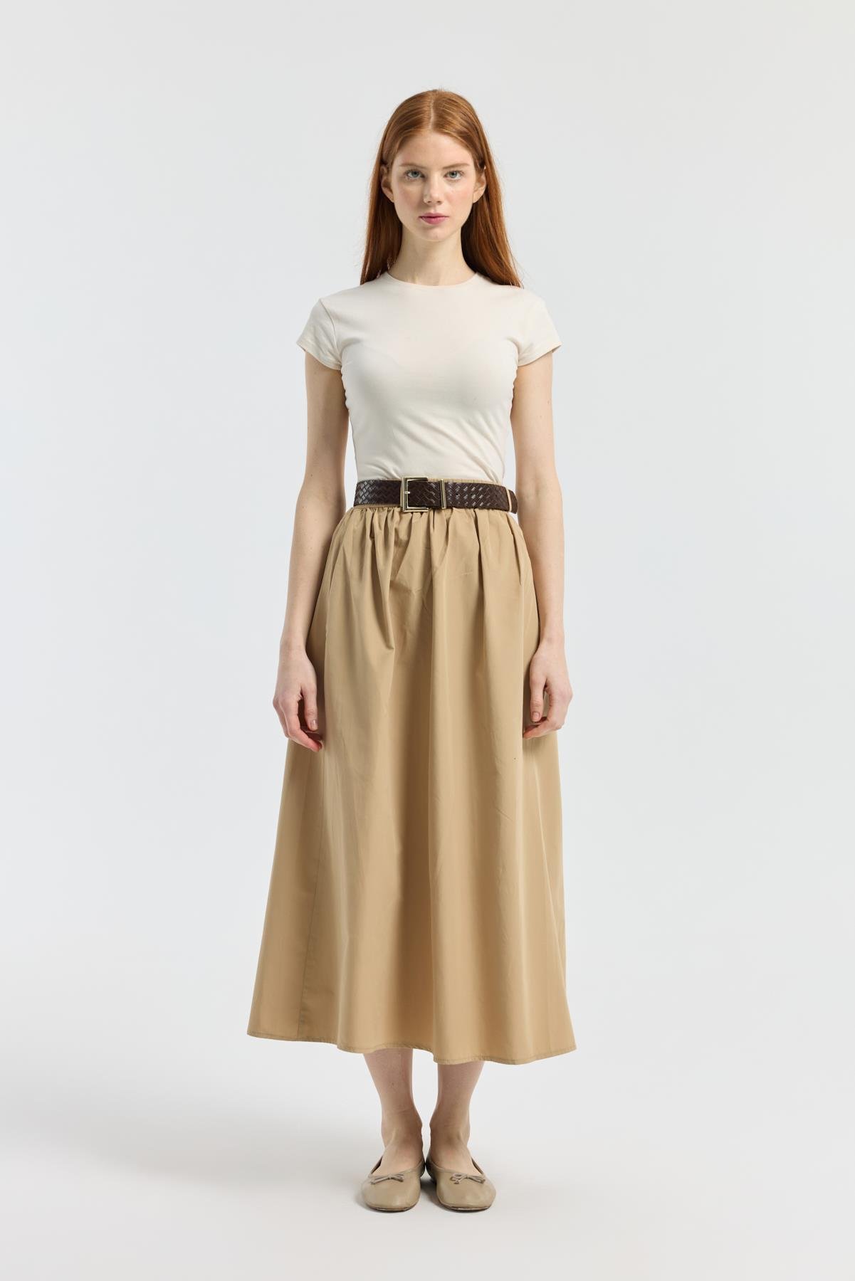 Onyx Büzgülü Kemerli Poplin Etek - Camel