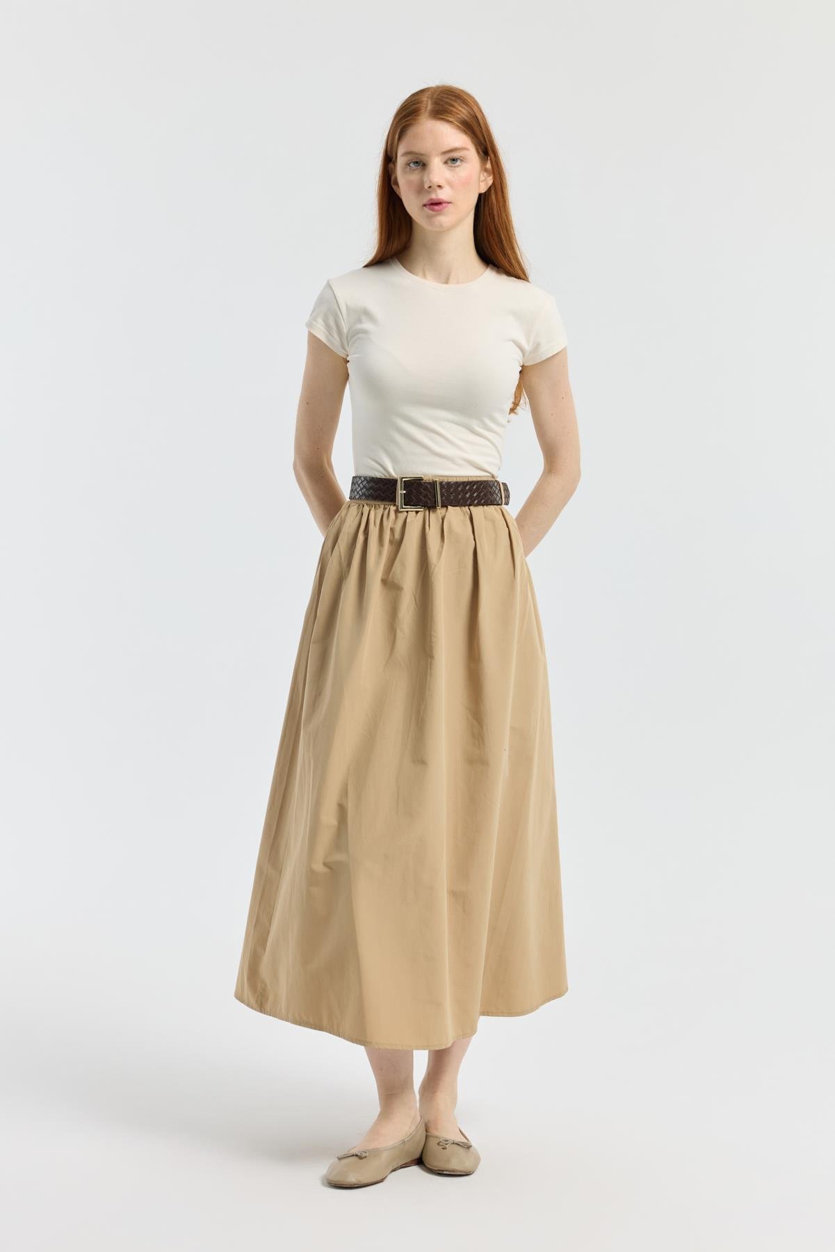 Onyx Büzgülü Kemerli Poplin Etek - Camel