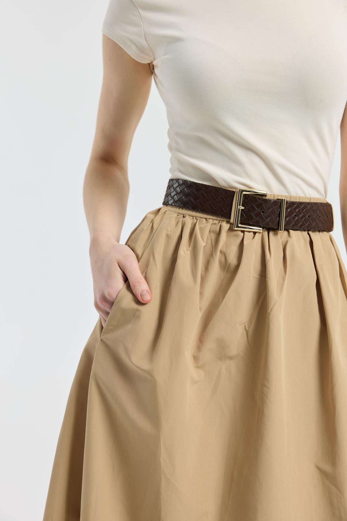 Onyx Büzgülü Kemerli Poplin Etek - Camel