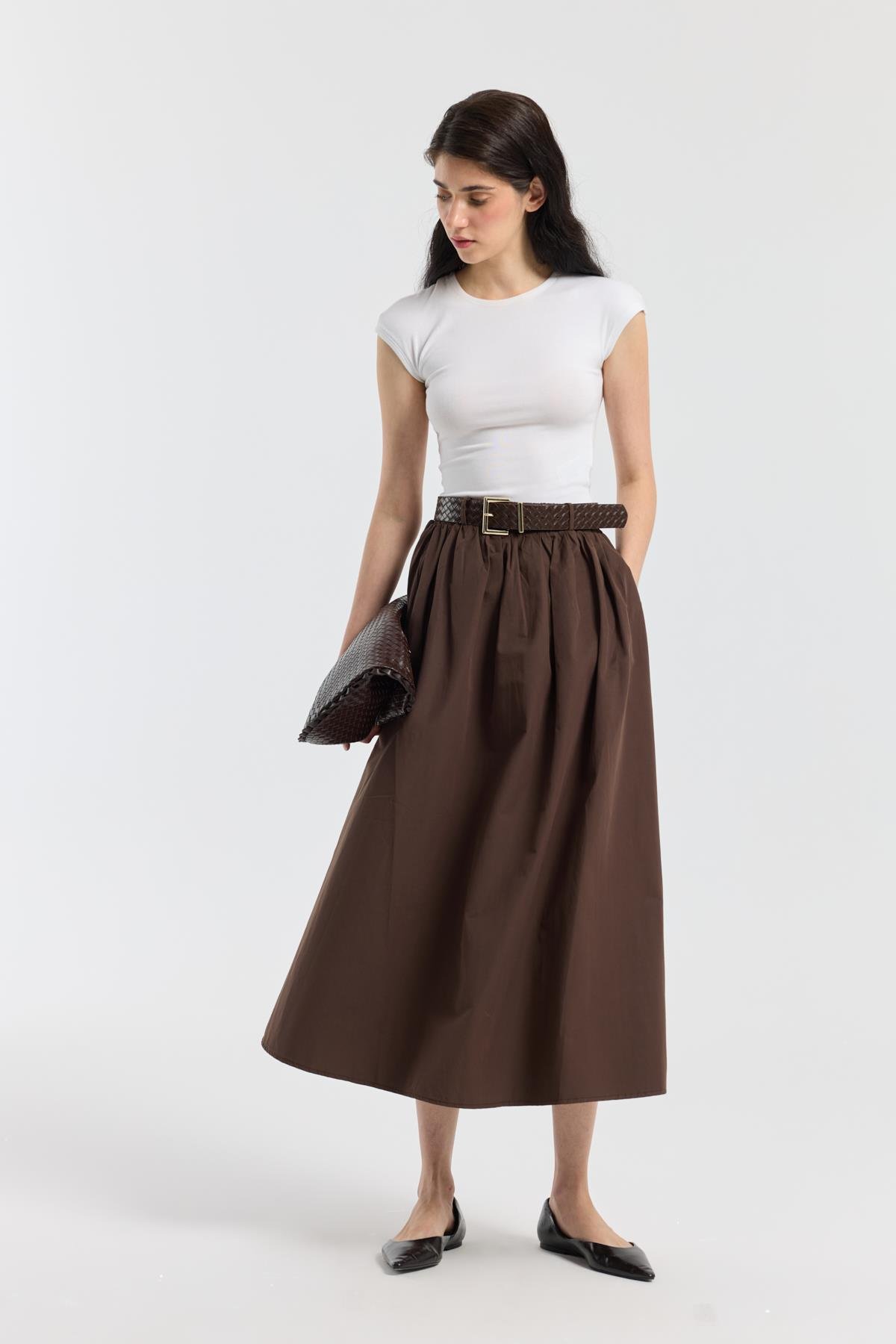 Onyx Büzgülü Kemerli Poplin Etek - Kahverengi