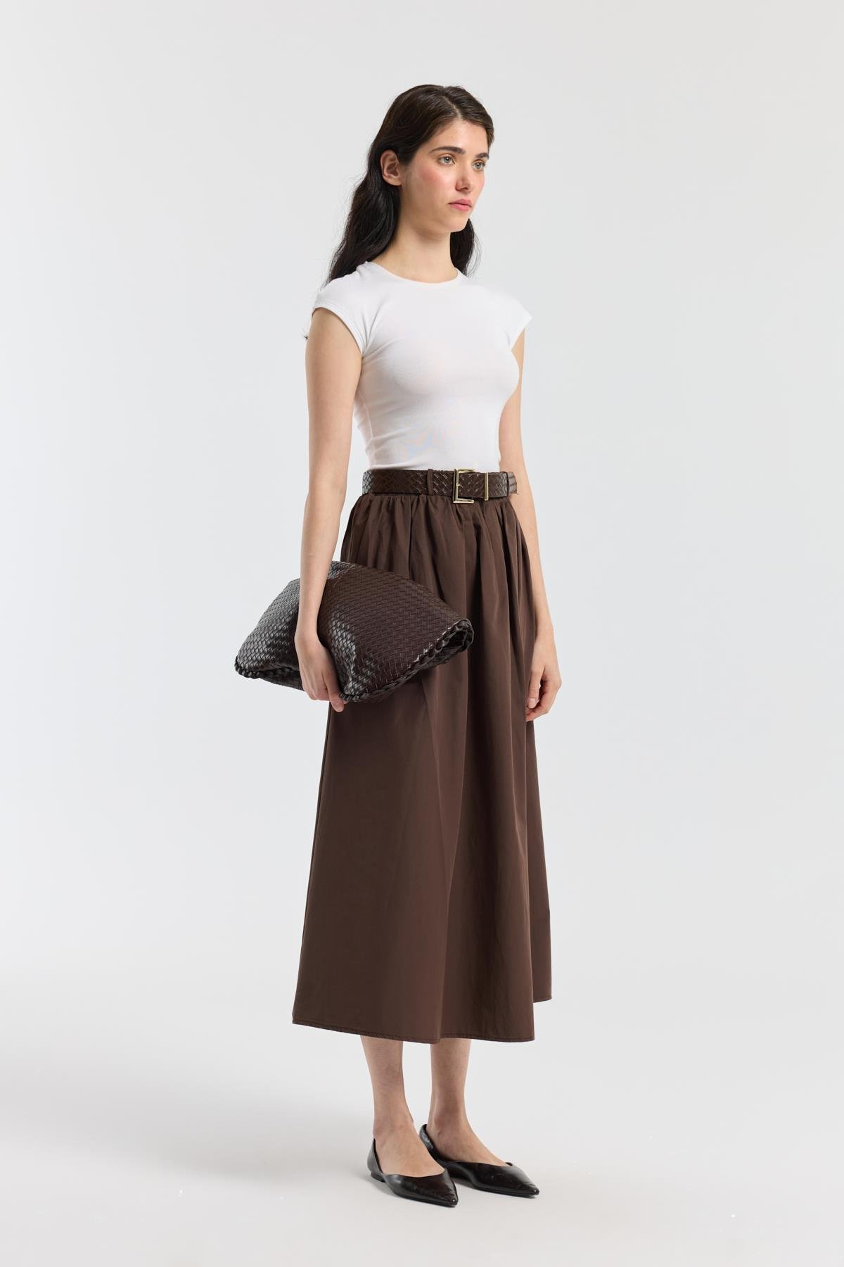 Onyx Büzgülü Kemerli Poplin Etek - Kahverengi