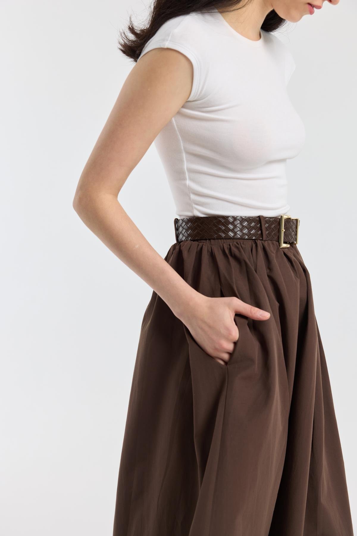 Onyx Büzgülü Kemerli Poplin Etek - Kahverengi