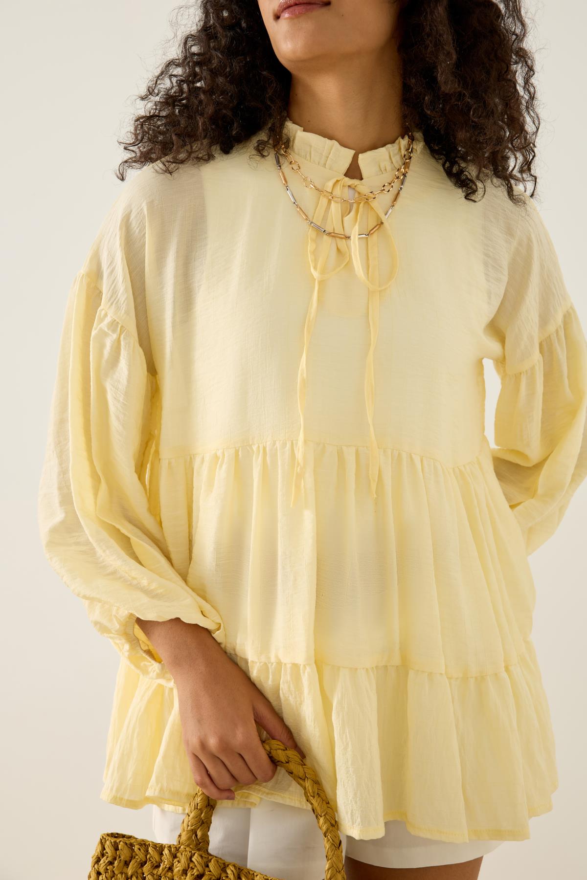 Paola Robalı Büzgülü Tunik - Limon sarı