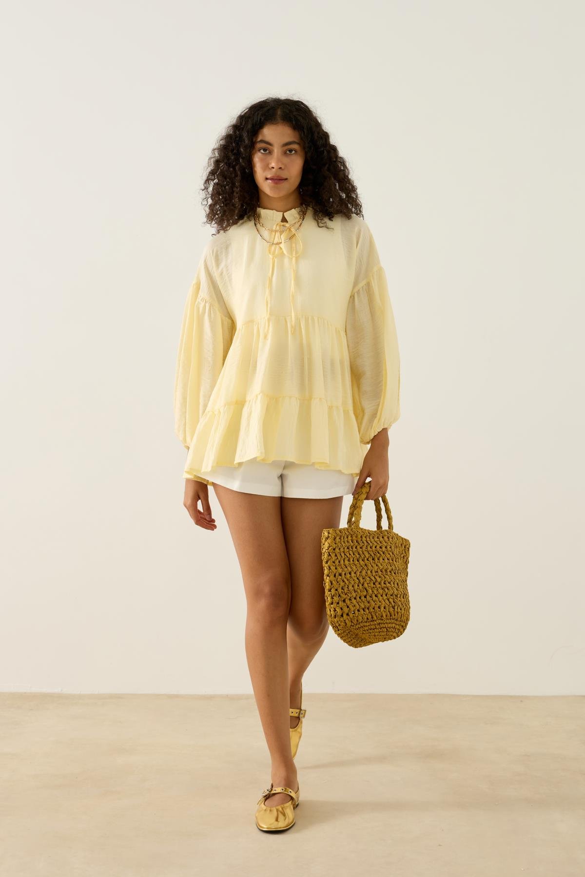 Paola Robalı Büzgülü Tunik - Limon sarı