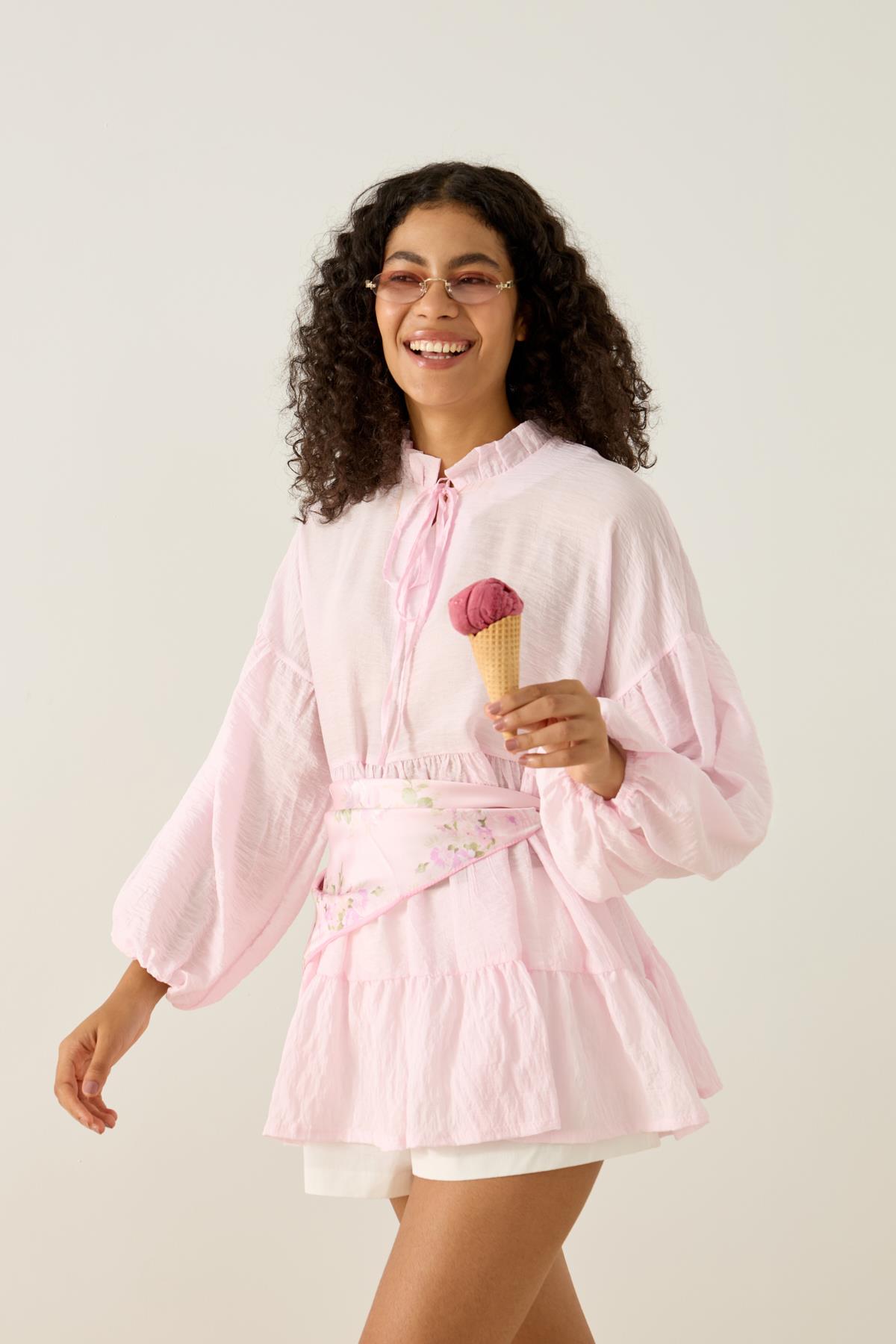 Paola Robalı Büzgülü Tunik - Pembe