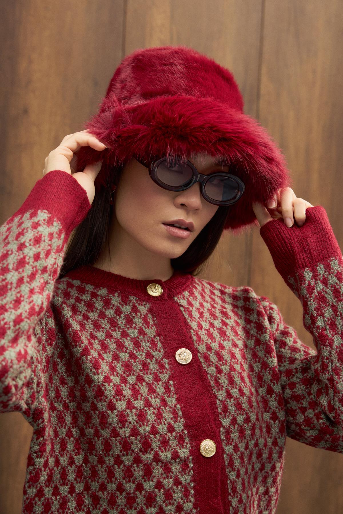 Peluş Bucket Şapka - Kırmızı 