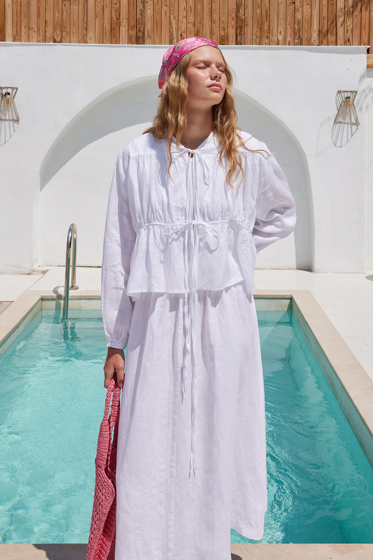 Peony Kloş Linen Etek - Beyaz