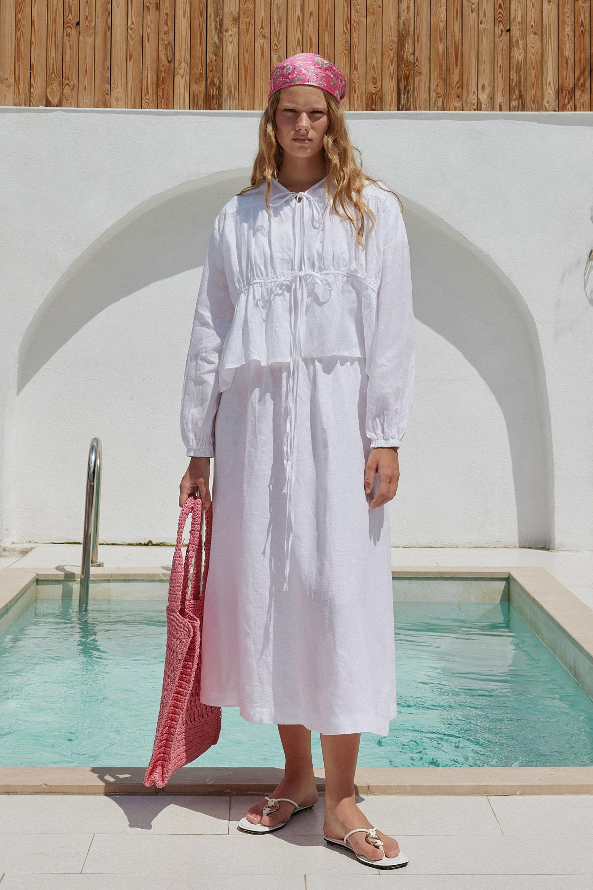 Peony Kloş Linen Etek - Beyaz