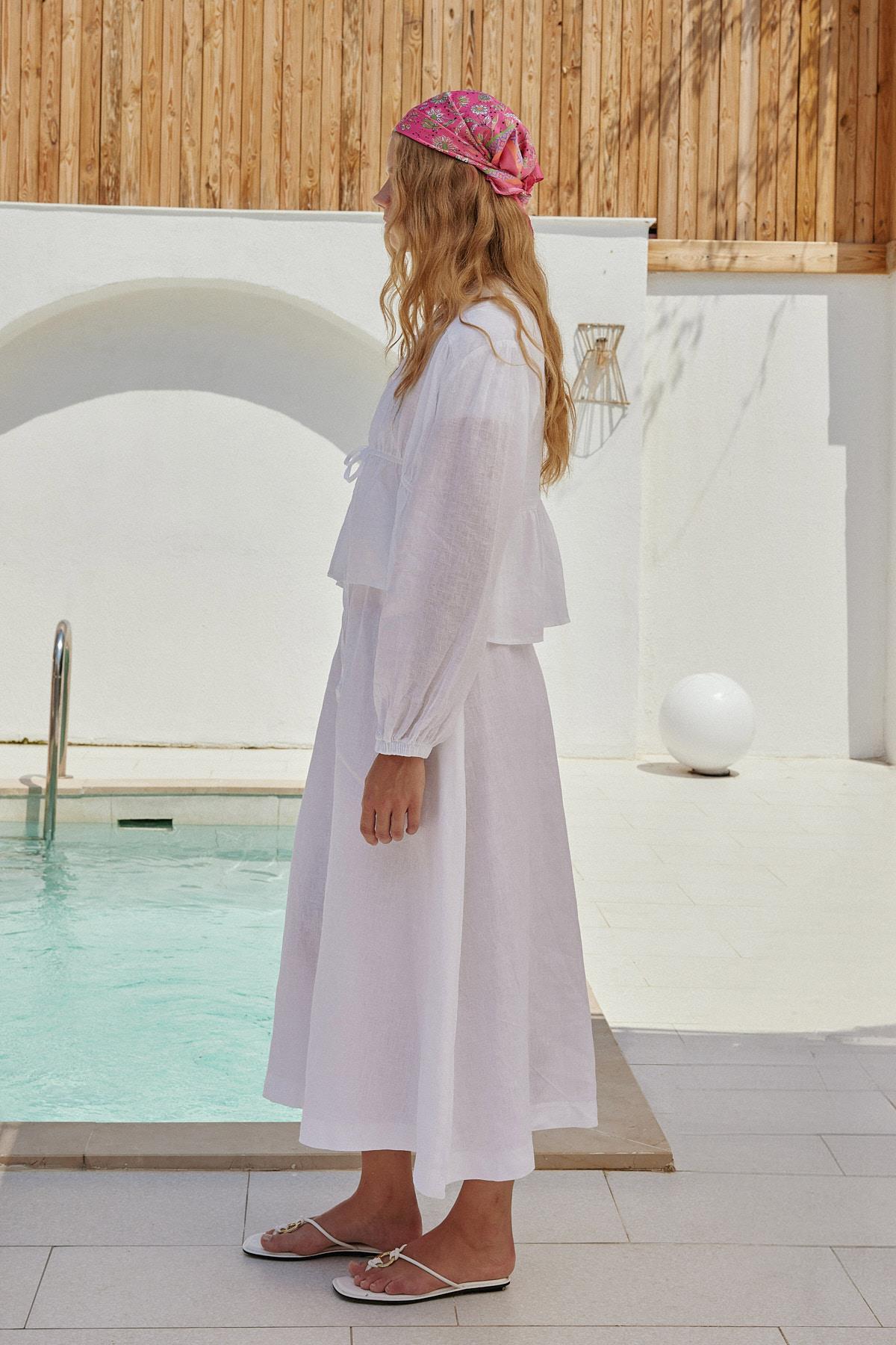 Peony Kloş Linen Etek - Beyaz