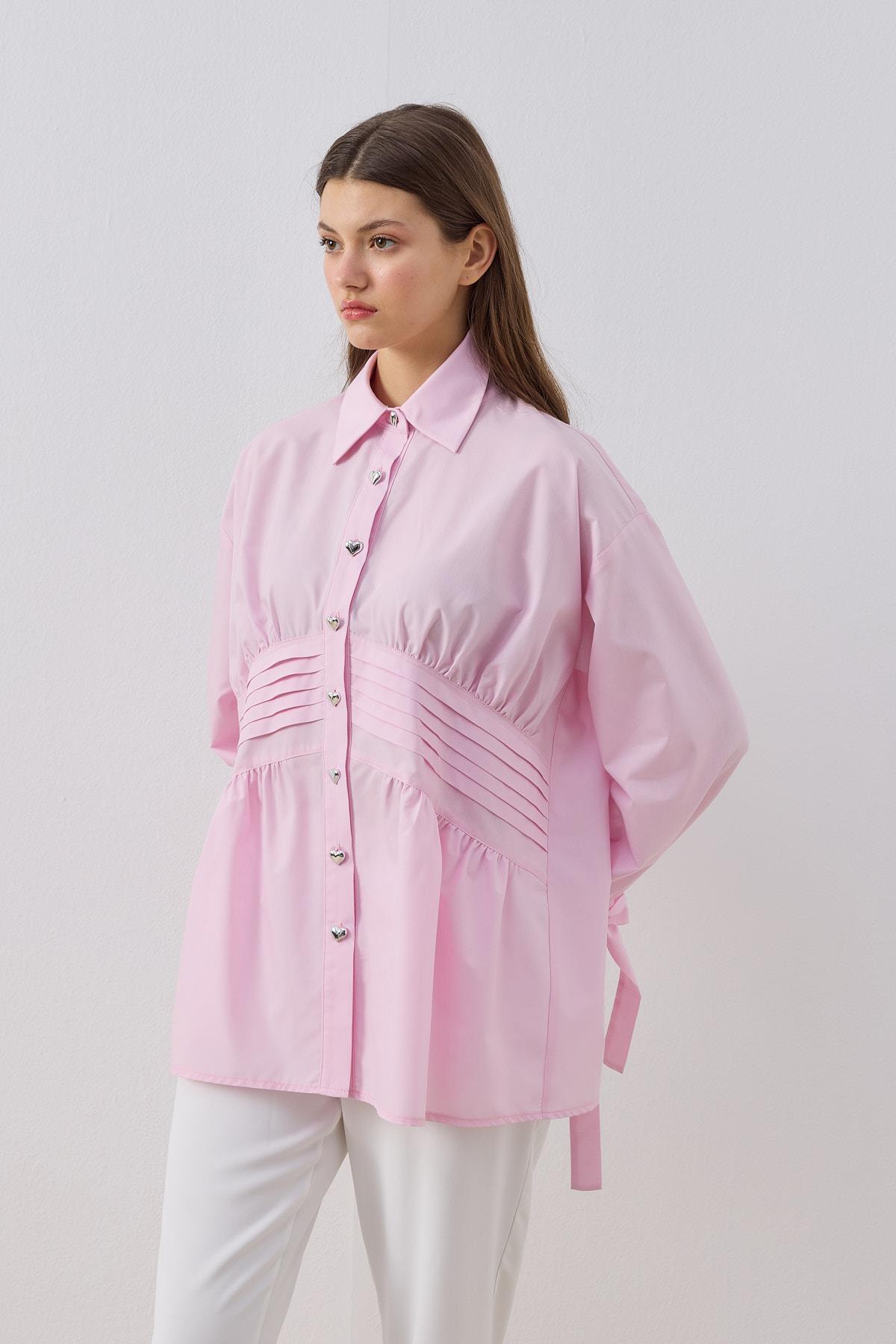 Polly Kalp Düğmeli Nervürlü Gömlek- Pembe