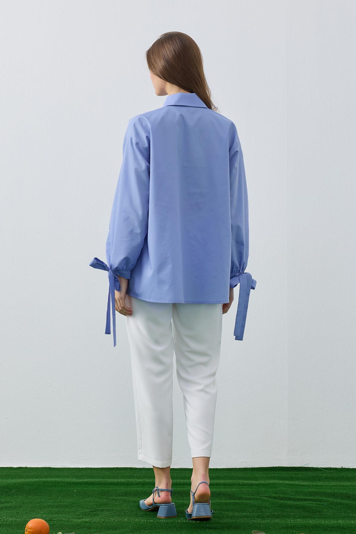 Polly Kalp Düğmeli Nervürlü Gömlek- Mavi 