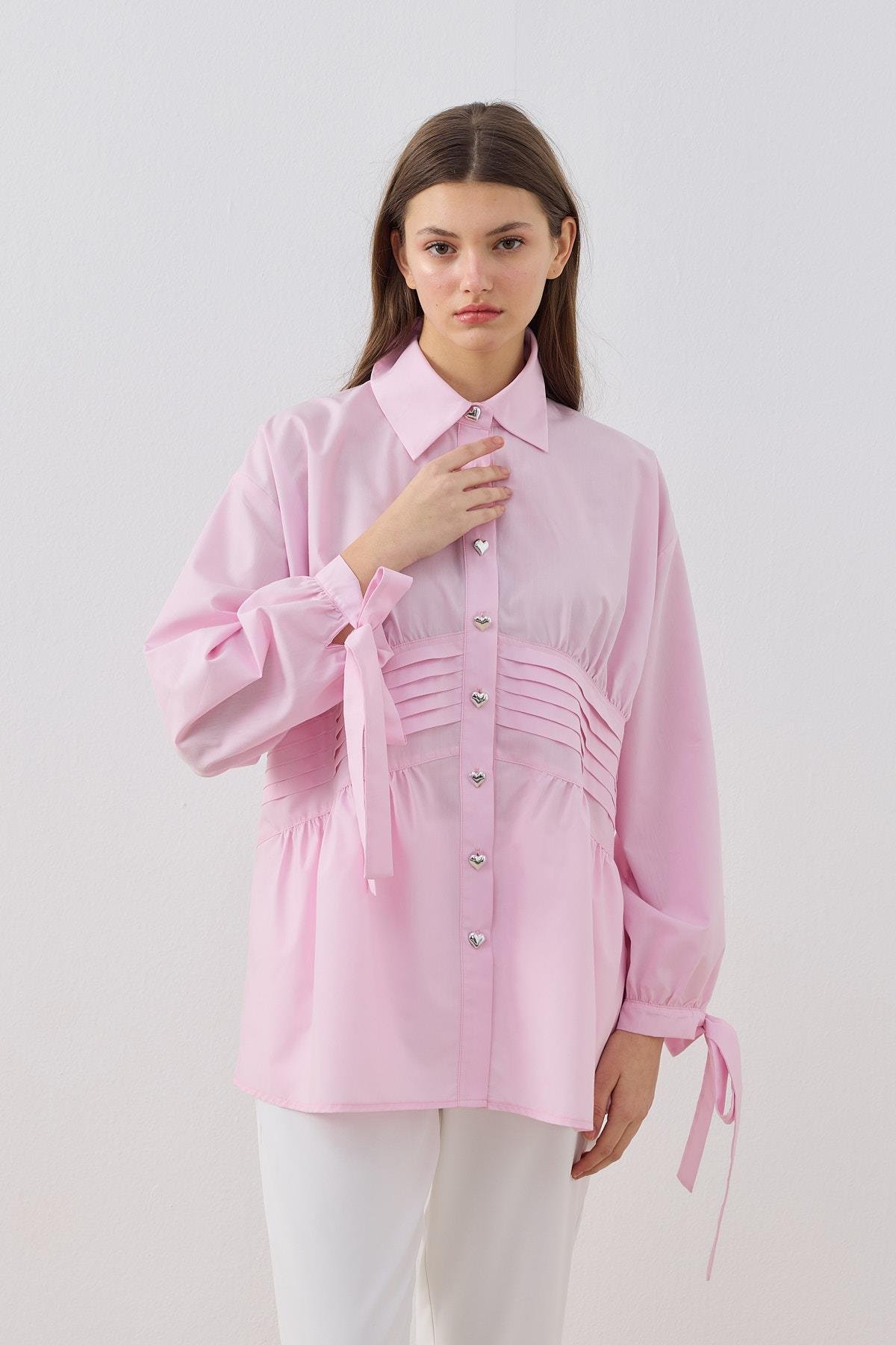Polly Kalp Düğmeli Nervürlü Gömlek- Pembe