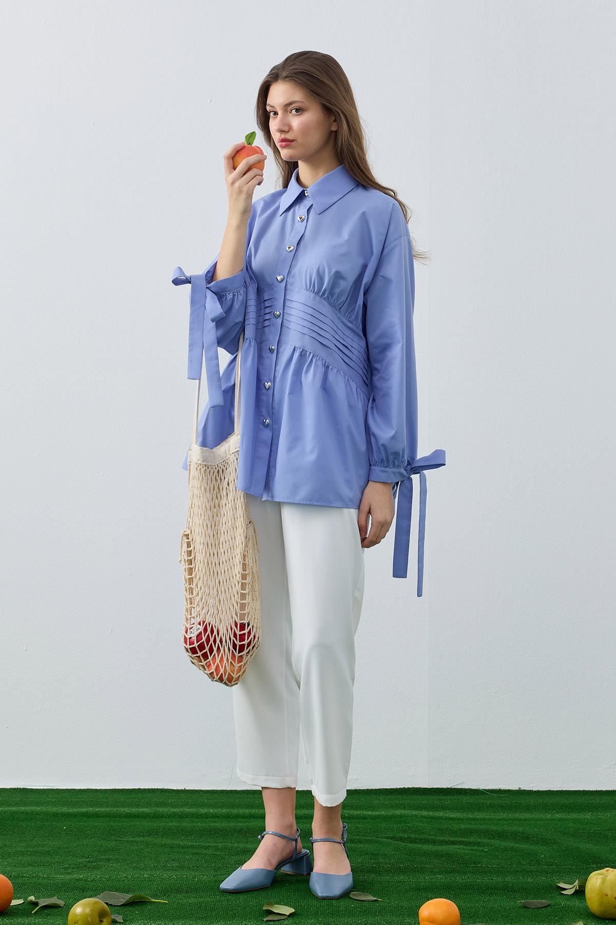 Polly Kalp Düğmeli Nervürlü Gömlek- Mavi 