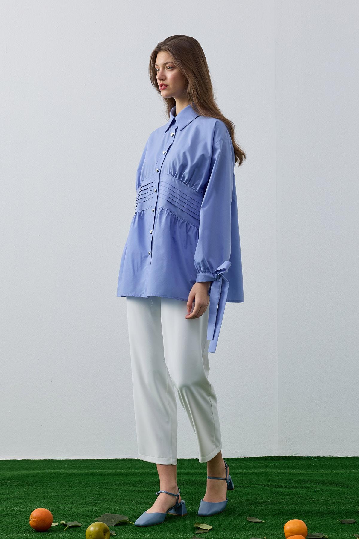 Polly Kalp Düğmeli Nervürlü Gömlek- Mavi 