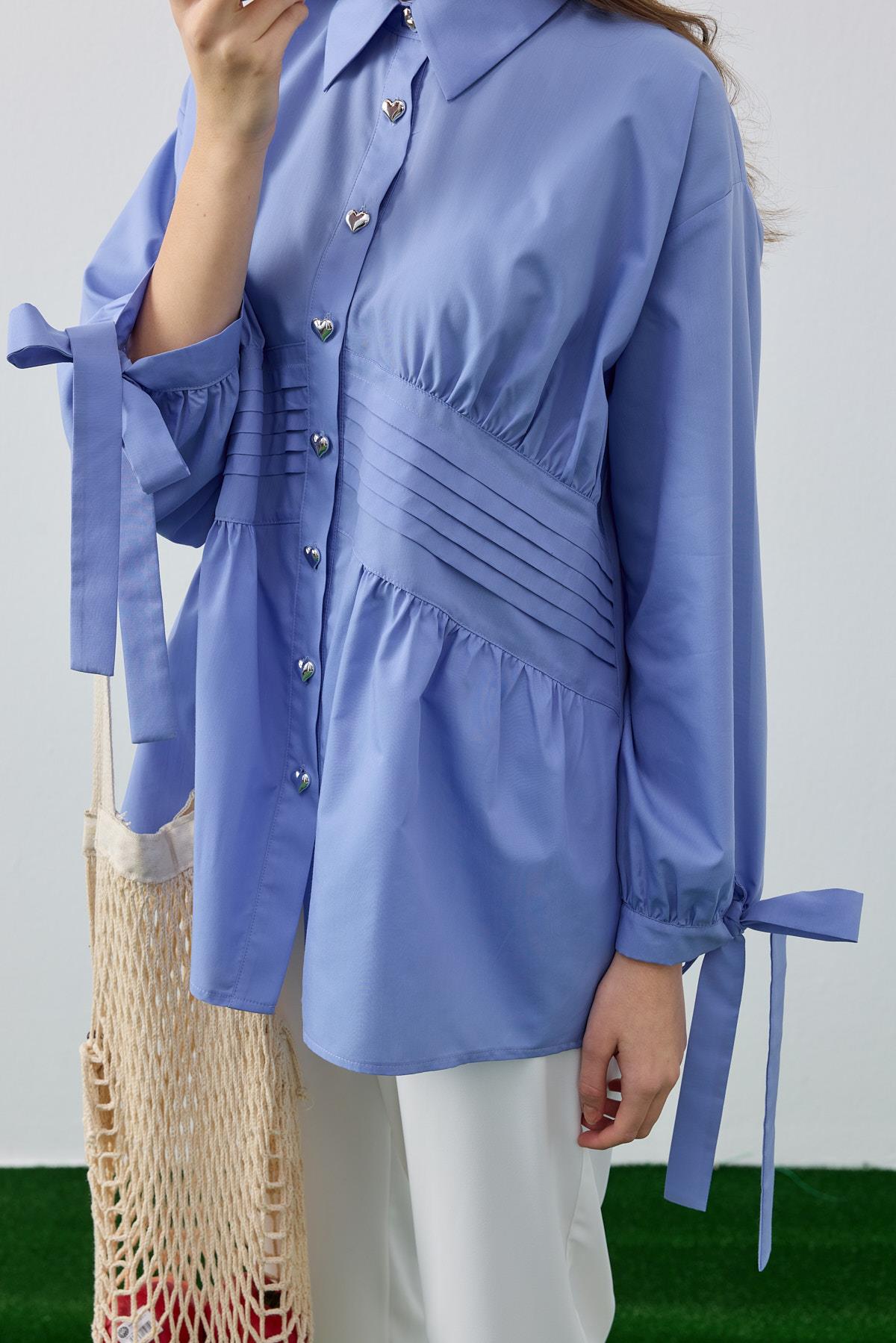 Polly Kalp Düğmeli Nervürlü Gömlek- Mavi 