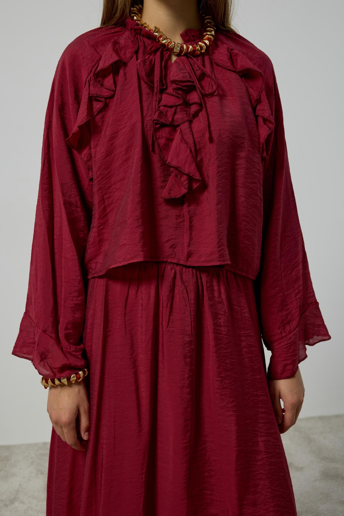 Poppy Büzgülü Volanlı Takım  - Bordo