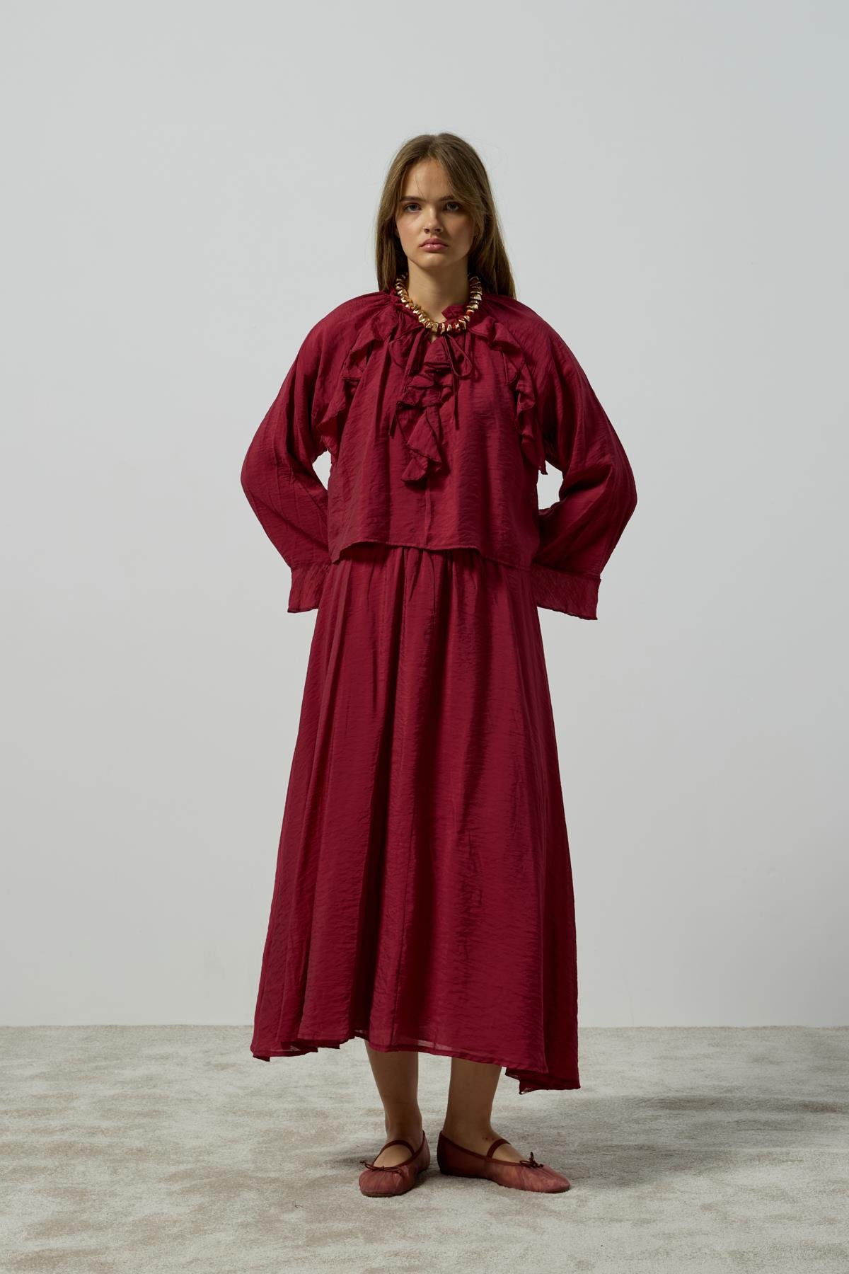 Poppy Büzgülü Volanlı Takım  - Bordo