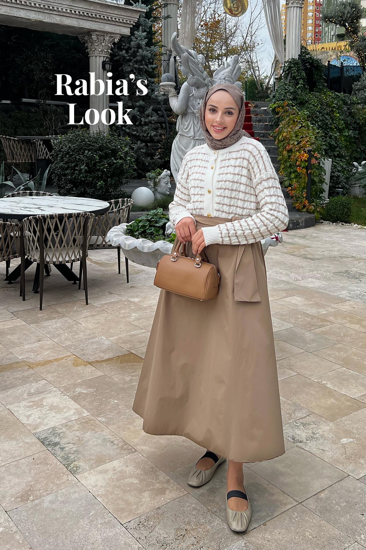 RABİA'NIN DORE GOLD DÜĞME DETAYLI HIRKA VE LEDA PARAŞÜT ETEK KOMBİNİ