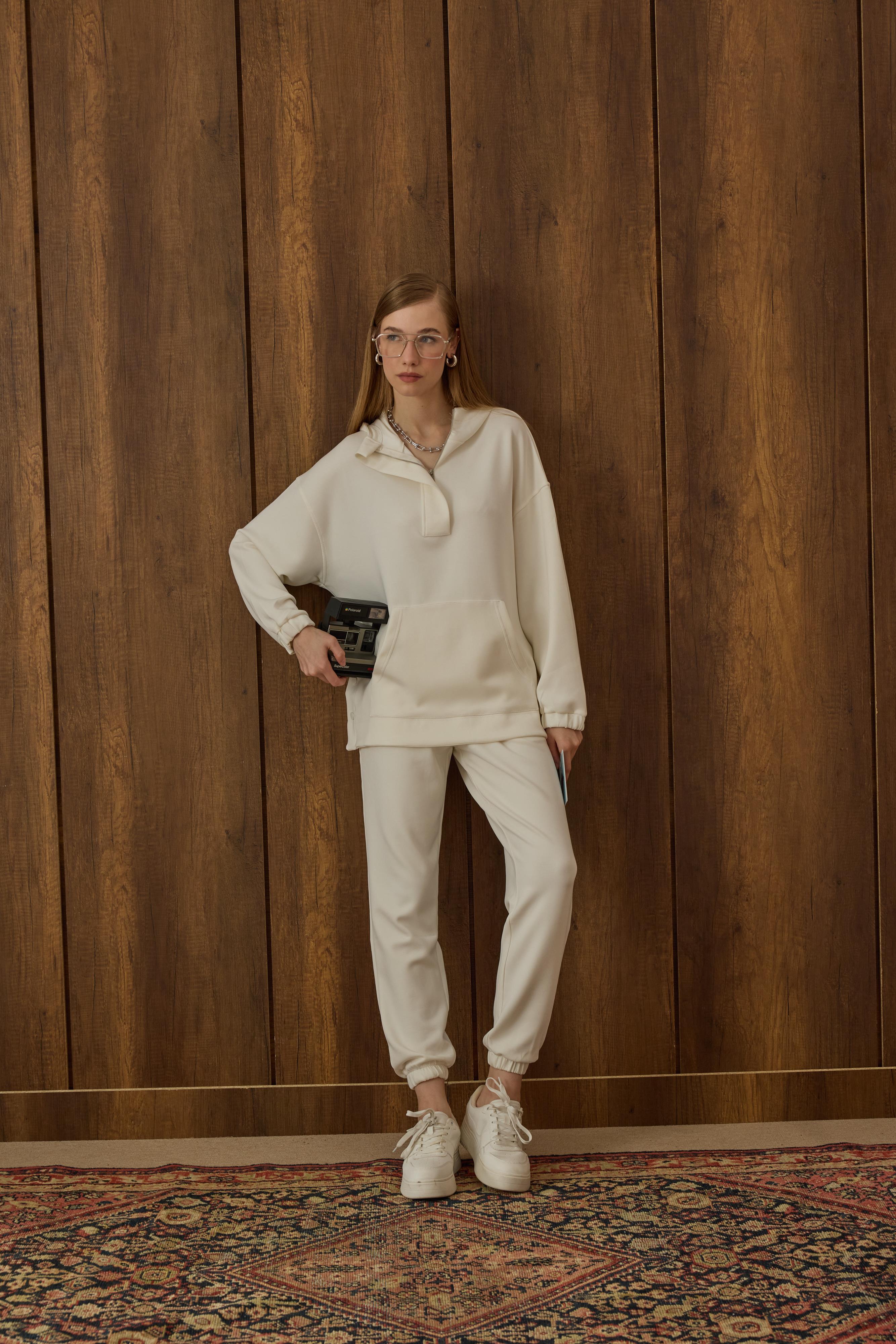 Reneta Çıtçıtlı Kapüşonlu Modal Takım - Ekru