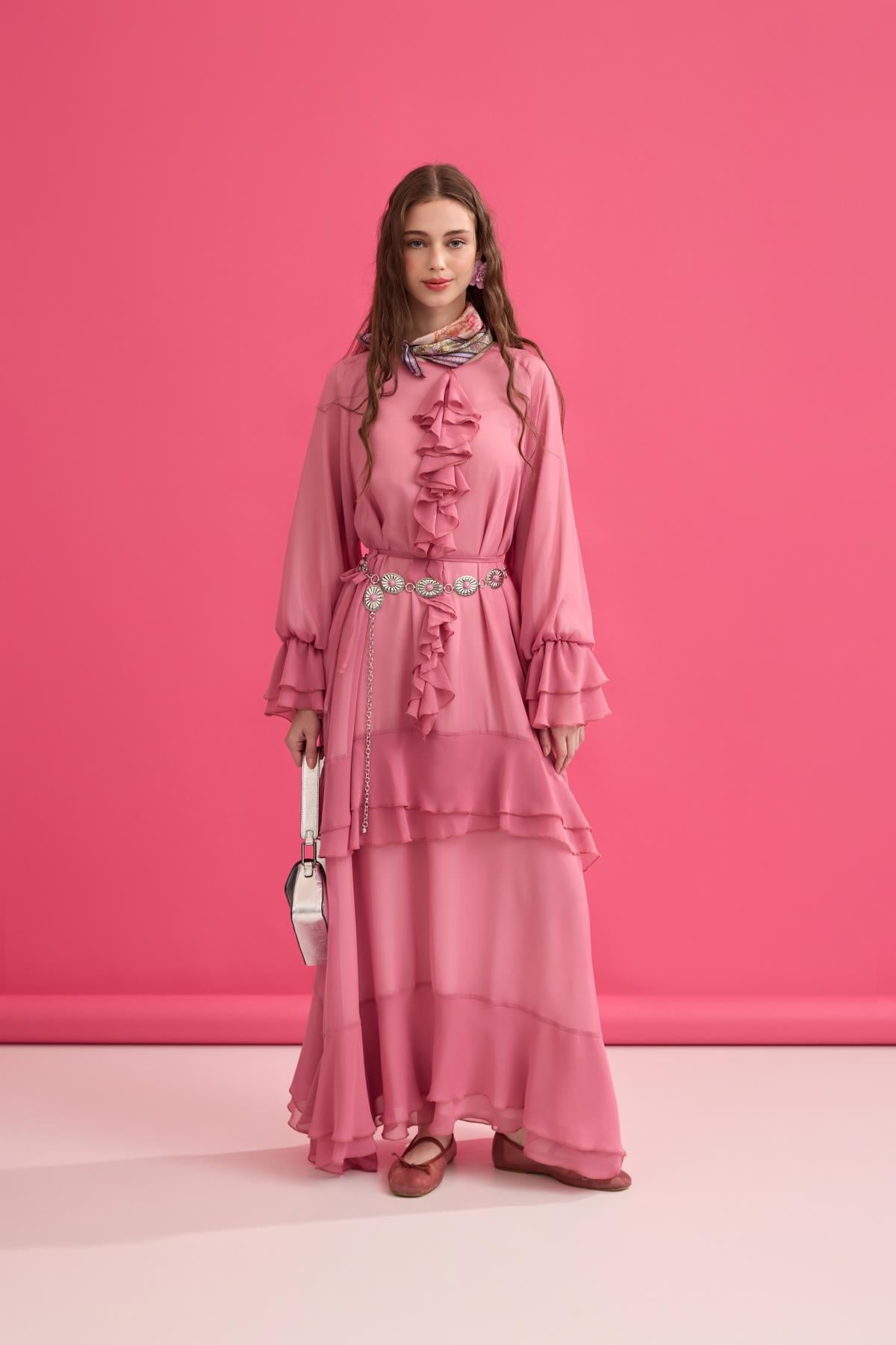 Romance Volanlı Şifon Elbise - Pembe