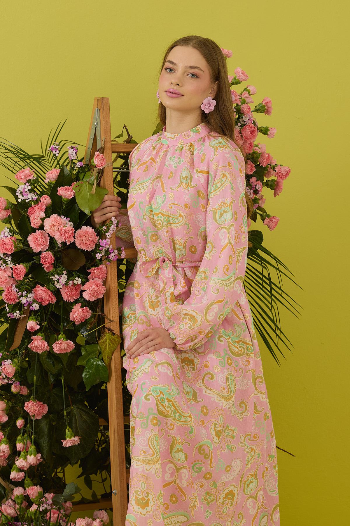 Rosa Baskılı Kemerli Elbise 