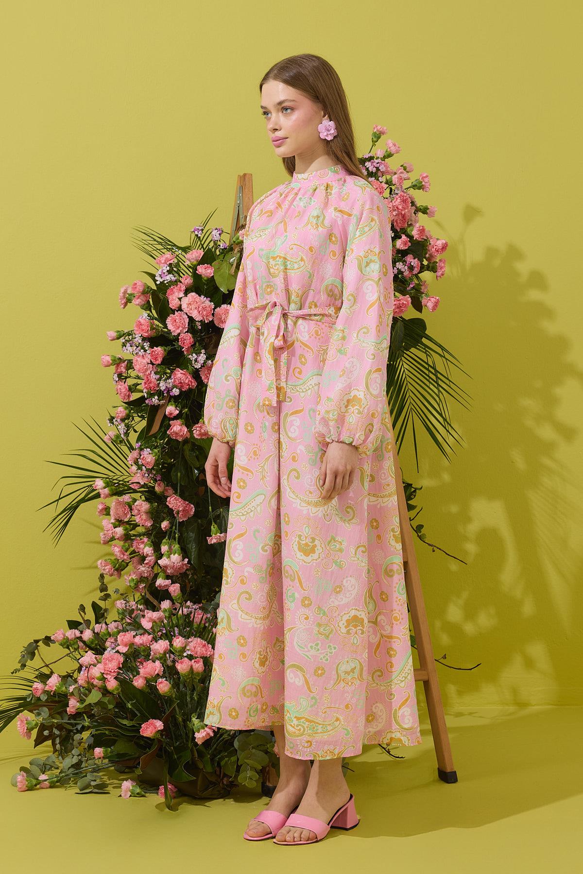 Rosa Baskılı Kemerli Elbise 