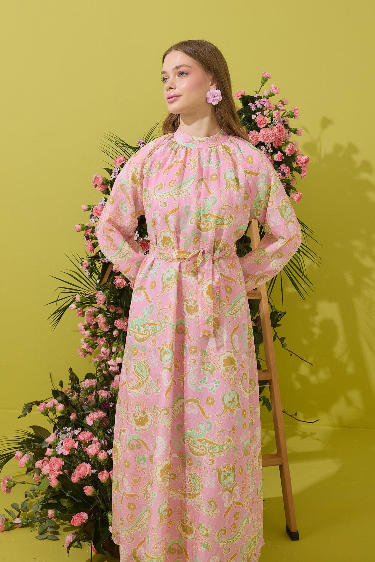 Rosa Baskılı Kemerli Elbise 