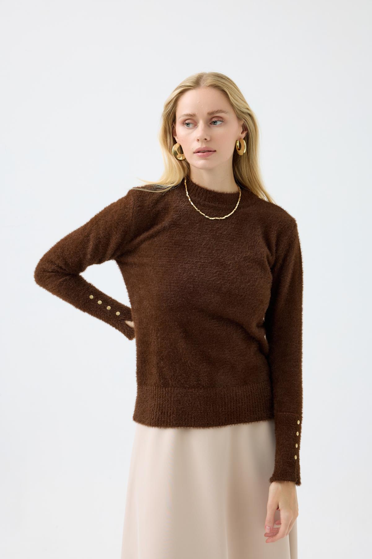 Sabrina Angora Zımbalı Kazak - Kahverengi 