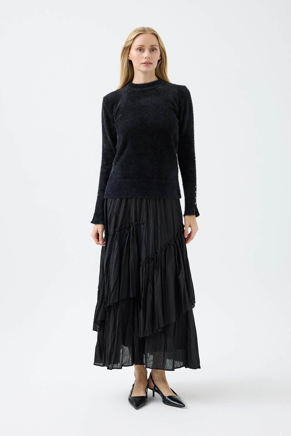 Sabrina Angora Zımbalı Kazak - Siyah