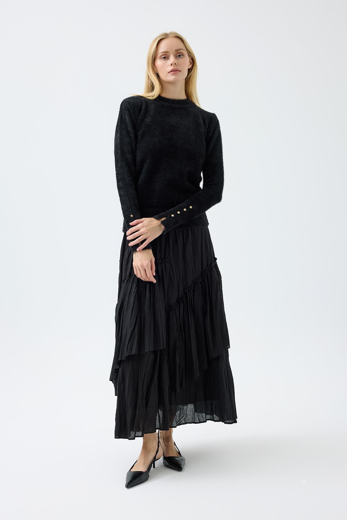 Sabrina Angora Zımbalı Kazak - Siyah