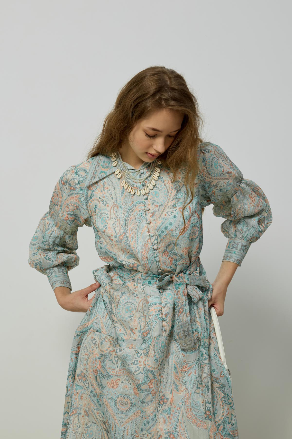 Seraphine Britt Düğmeli Desenli Elbise - Mint Yeşil