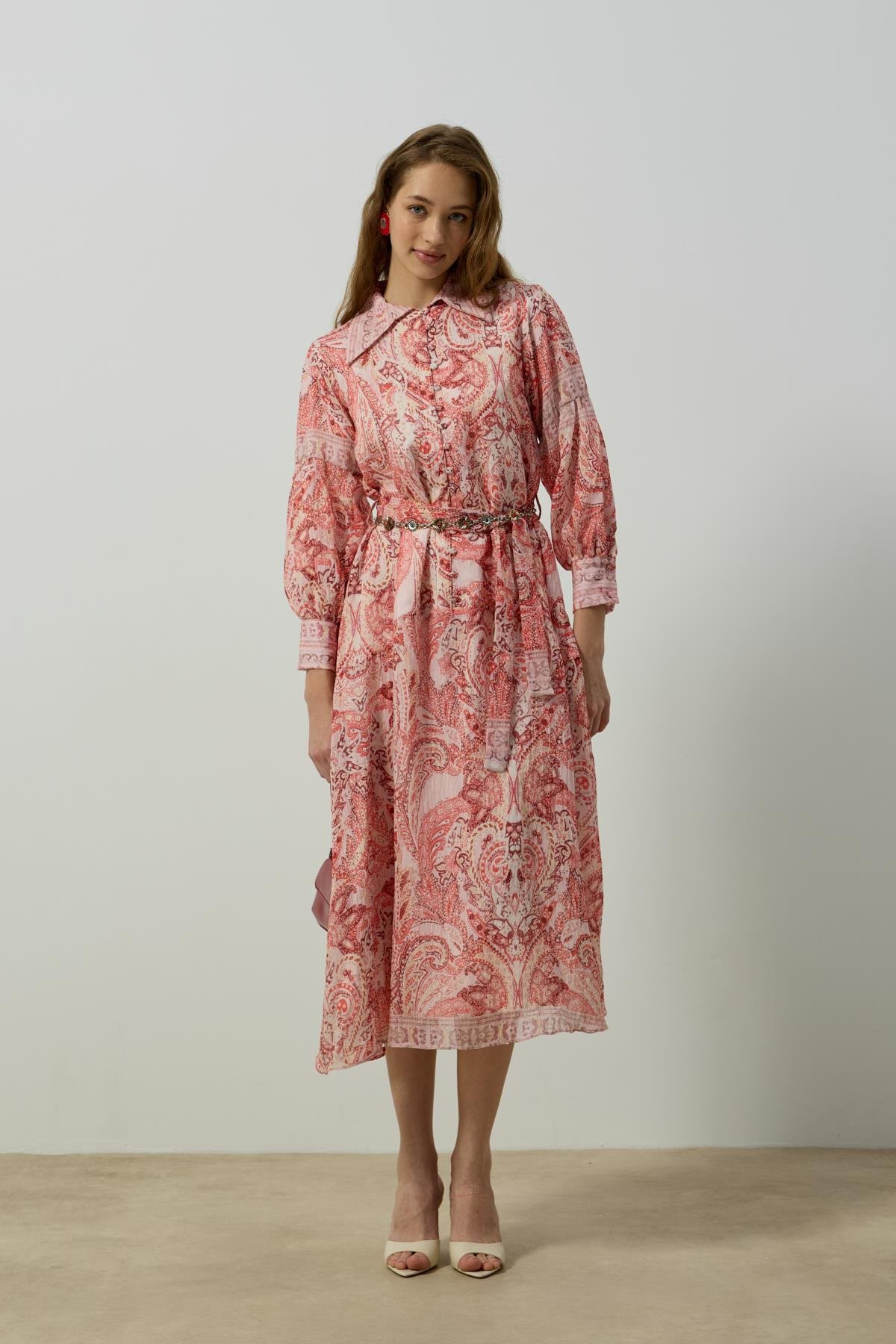 Seraphine Britt Düğmeli Desenli Elbise - Kırmızı 