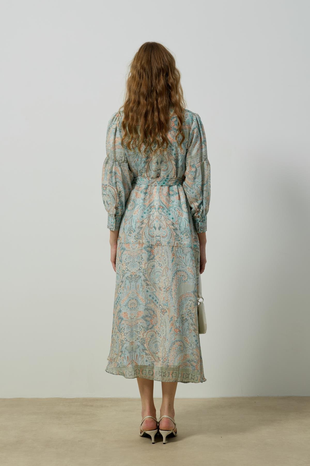 Seraphine Britt Düğmeli Desenli Elbise - Mint Yeşil