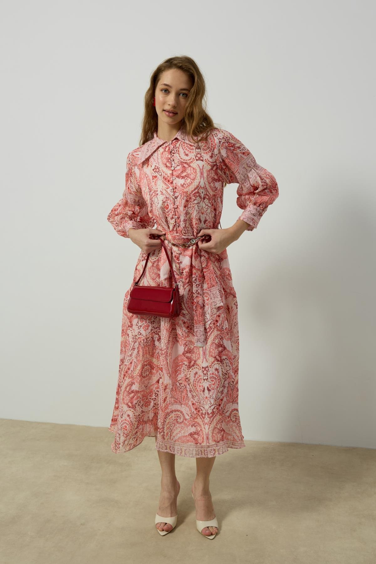 Seraphine Britt Düğmeli Desenli Elbise - Kırmızı 