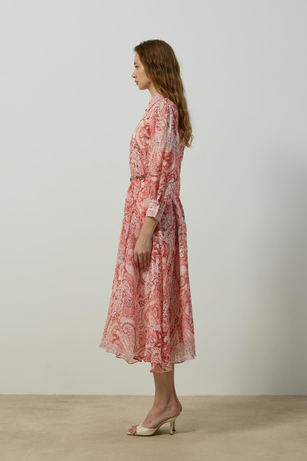 Seraphine Britt Düğmeli Desenli Elbise - Kırmızı 