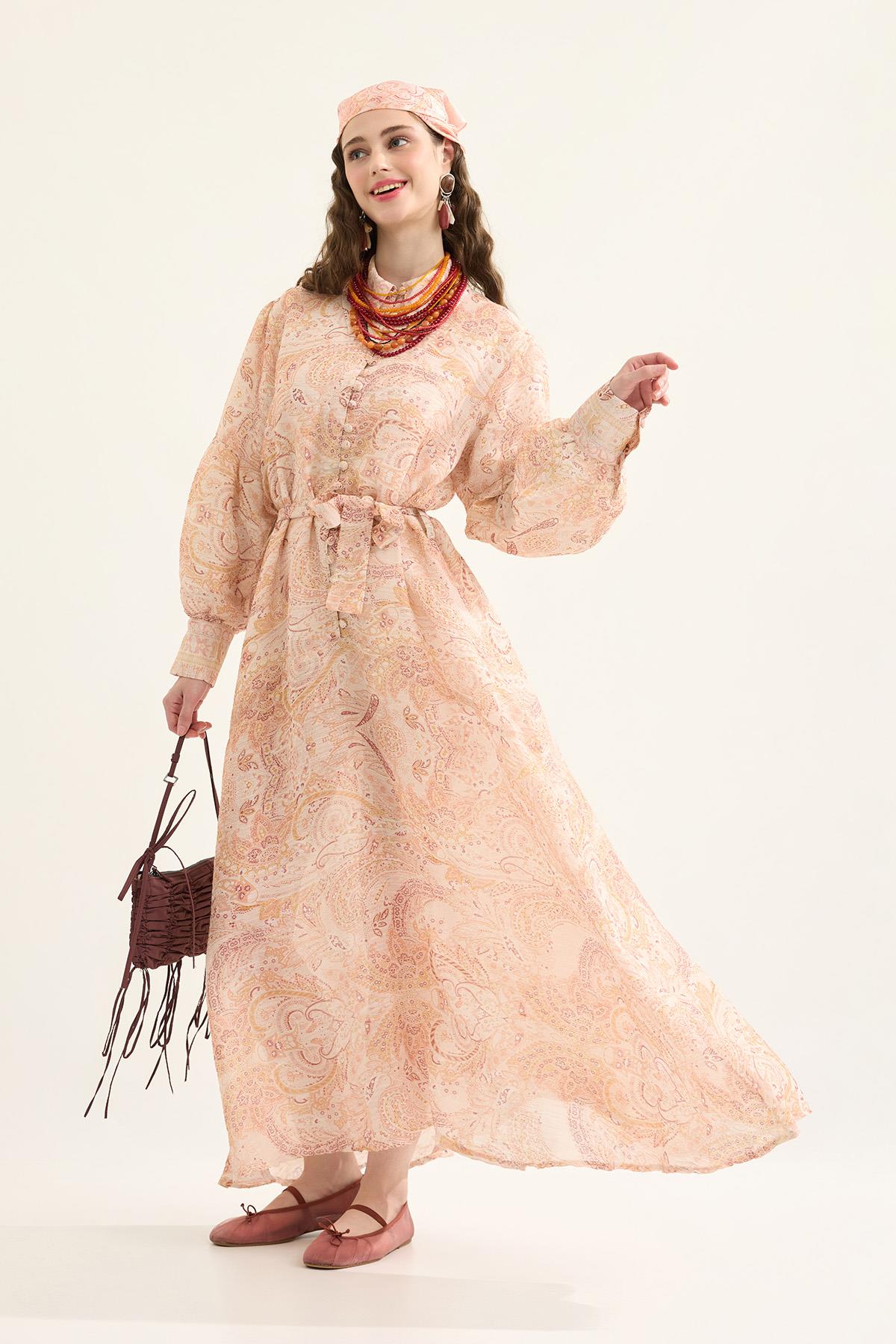 Seraphine Britt Düğmeli Desenli Elbise- Somon