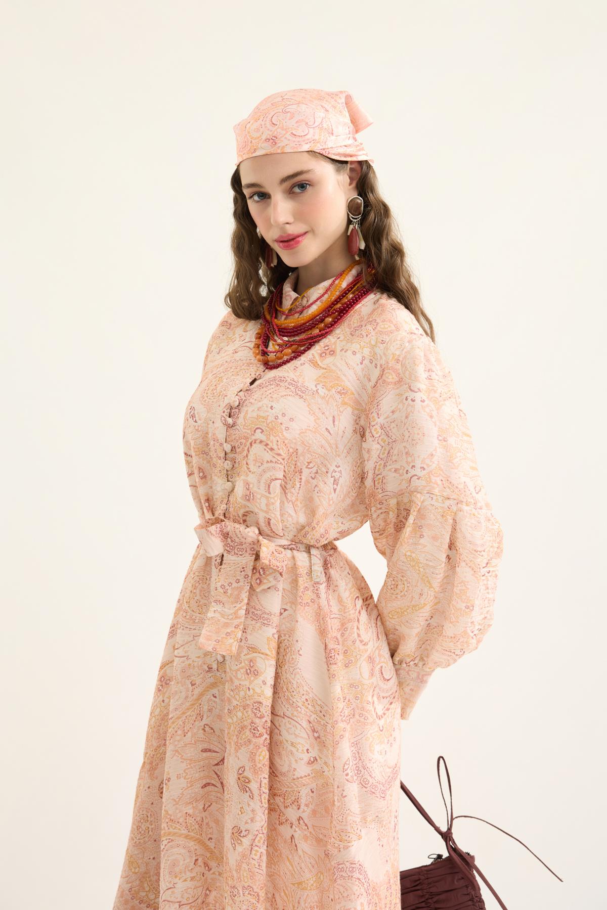 Seraphine Britt Düğmeli Desenli Elbise- Somon