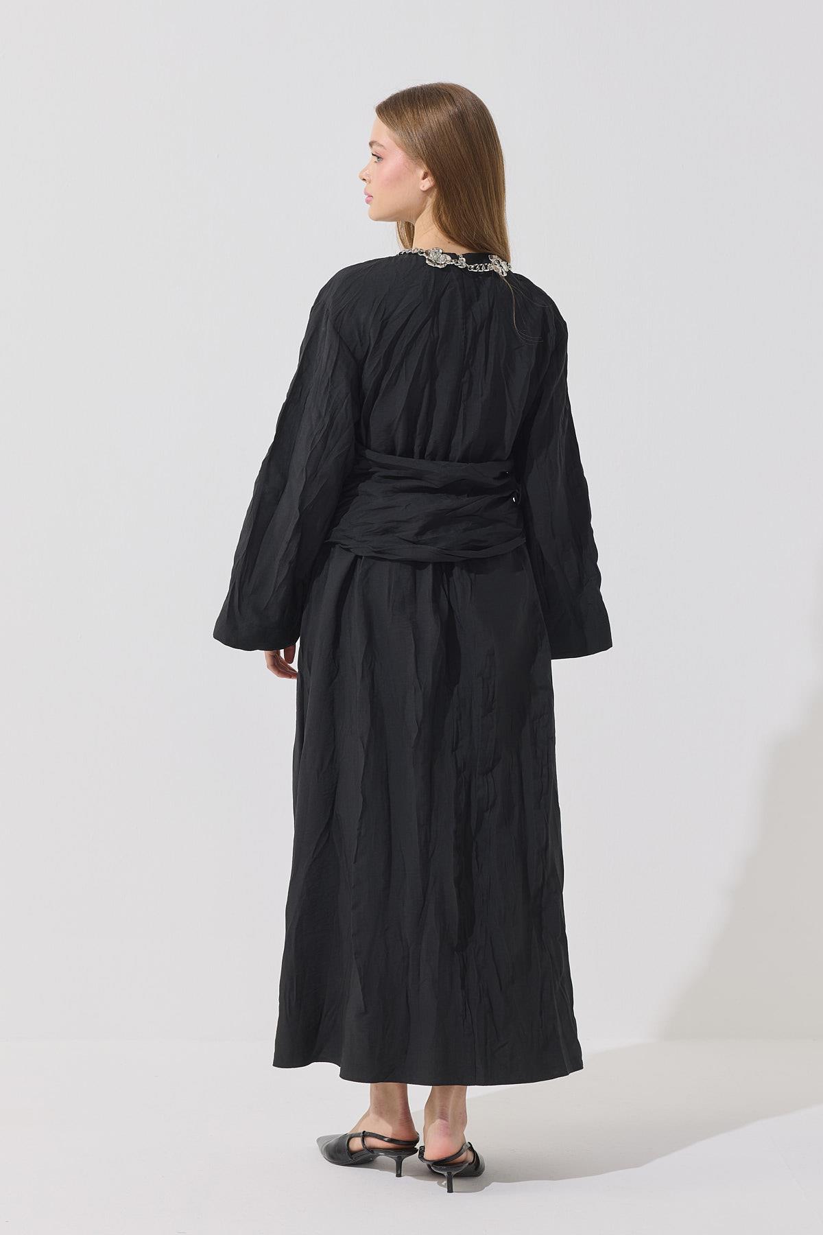 Silvia Kuşak Kemerli Pilili Elbise- Siyah