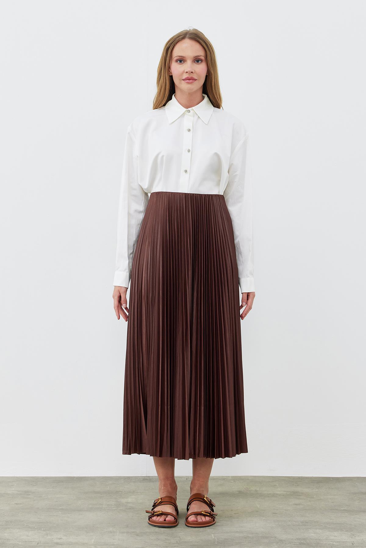 SINDY PİLİSELİ ETEK - KAHVERENGİ