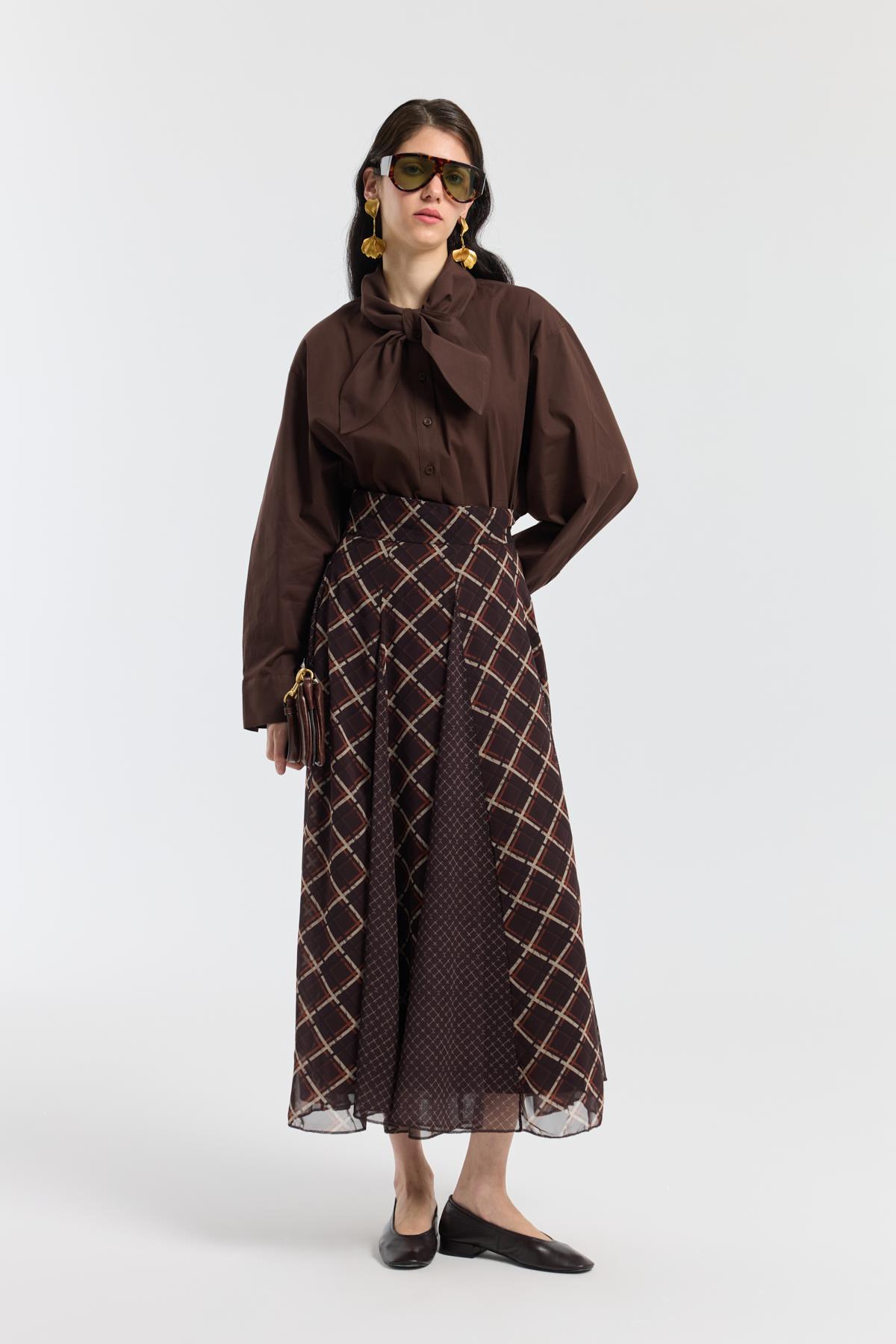 Sonya Desenli Şifon Parçalı Etek - Camel