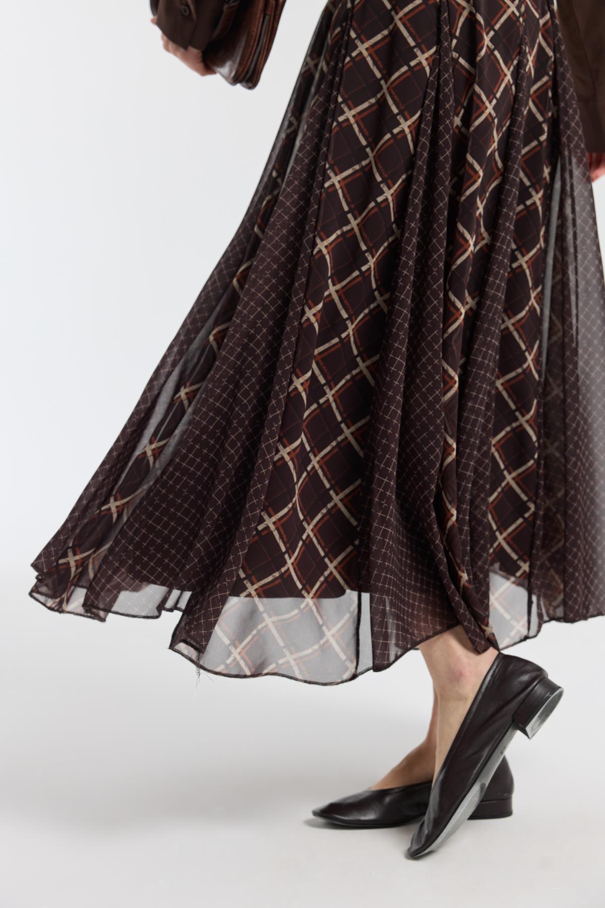 Sonya Desenli Şifon Parçalı Etek - Camel