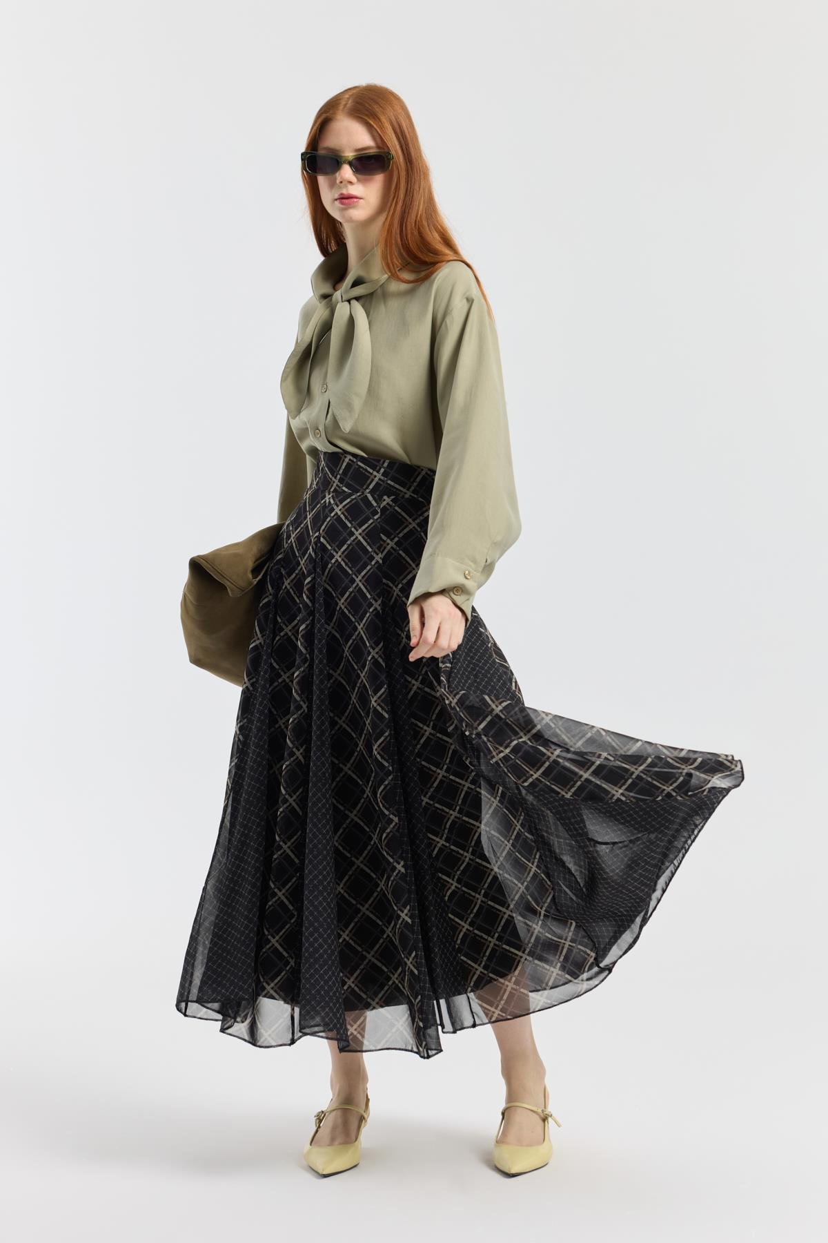 Sonya Desenli Şifon Parçalı Etek - Siyah