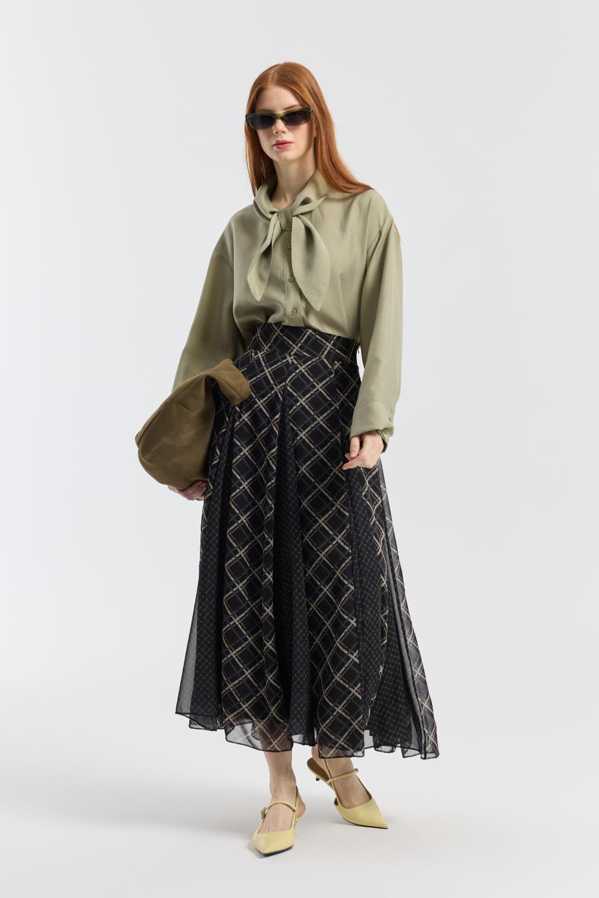 Sonya Desenli Şifon Parçalı Etek - Siyah