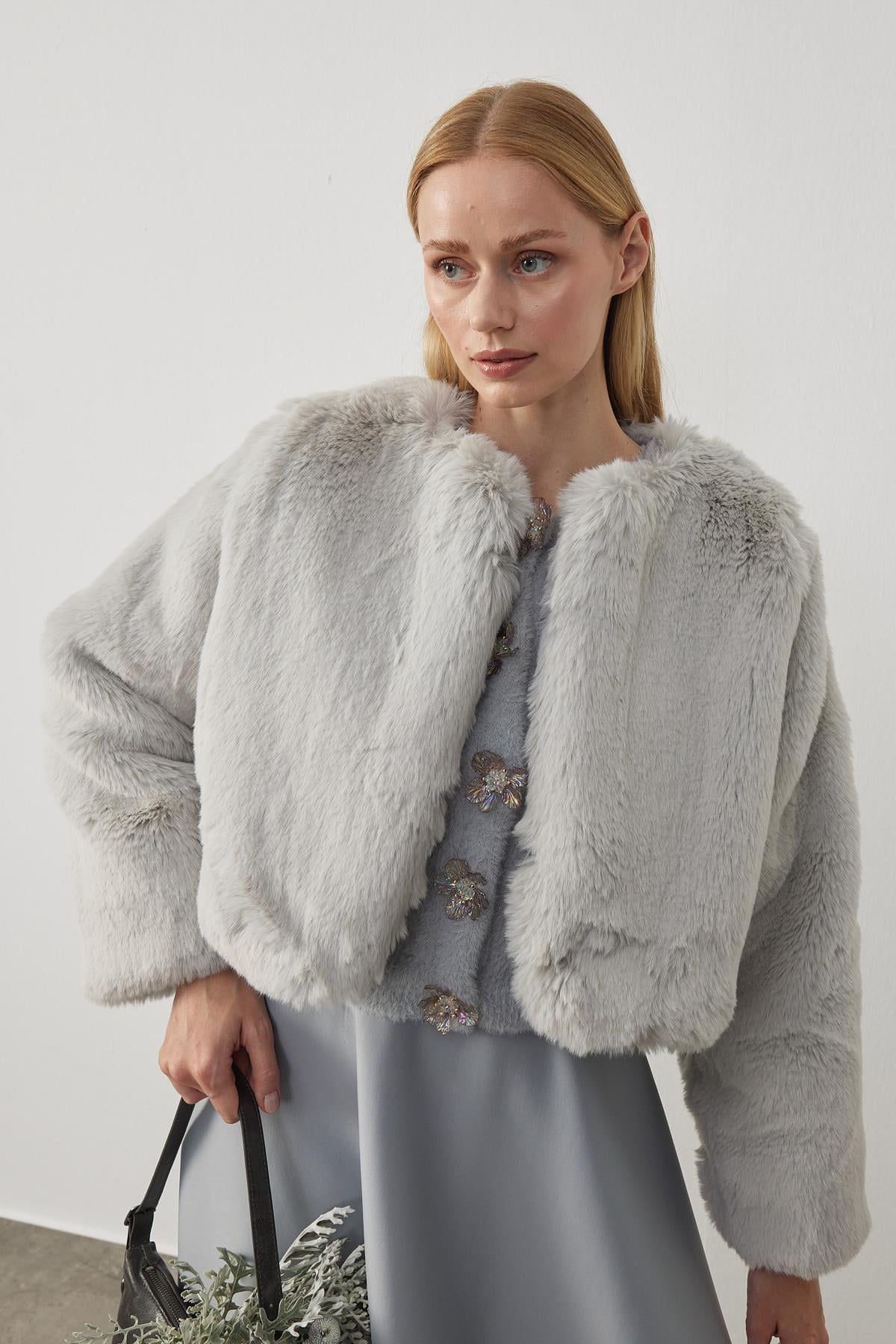 Valencia Peluş Kürk Ceket - Gri