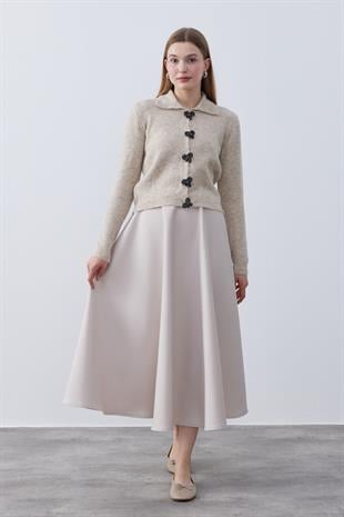  Evelina Fiyonk Detaylı Yün Karışımlı Triko Hırka- Vizon 