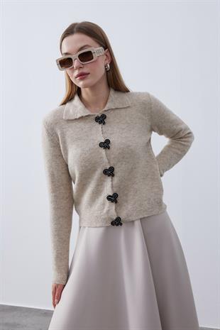  Evelina Fiyonk Detaylı Yün Karışımlı Triko Hırka- Vizon 