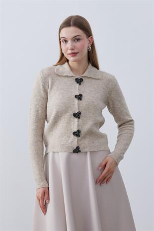  Evelina Fiyonk Detaylı Yün Karışımlı Triko Hırka- Vizon 