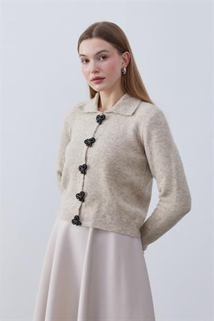  Evelina Fiyonk Detaylı Yün Karışımlı Triko Hırka- Vizon 
