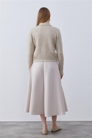  Evelina Fiyonk Detaylı Yün Karışımlı Triko Hırka- Vizon 
